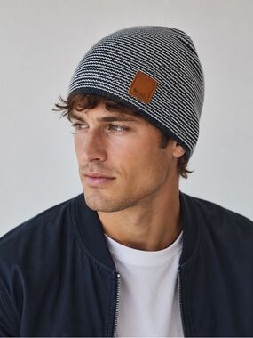 Bench Navy & White Striped Knit Beanie Hat Tan Logo Patch One Size